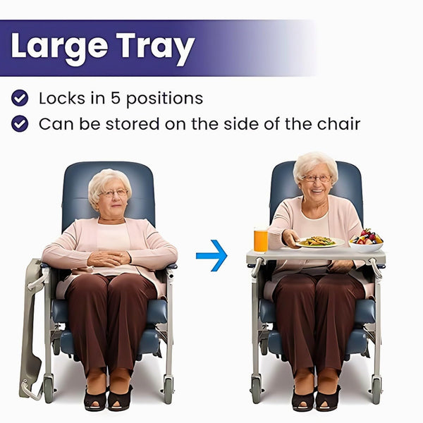 Geriatric chair with large adjustable tray table, showing elderly woman using the tray for meals with before and after positioning demonstration