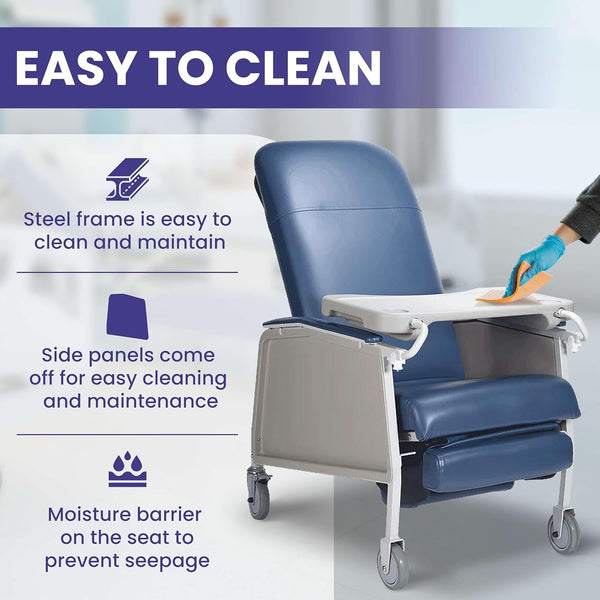 Geri chair with blue upholstery demonstrating easy-to-clean features, with a gloved hand cleaning the surface of the chair's removable side panels