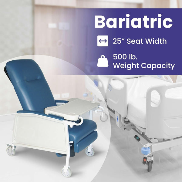 Bariatric geri chair model GC500 with blue vinyl upholstery, featuring 25" seat width and 500 lbs weight capacity label