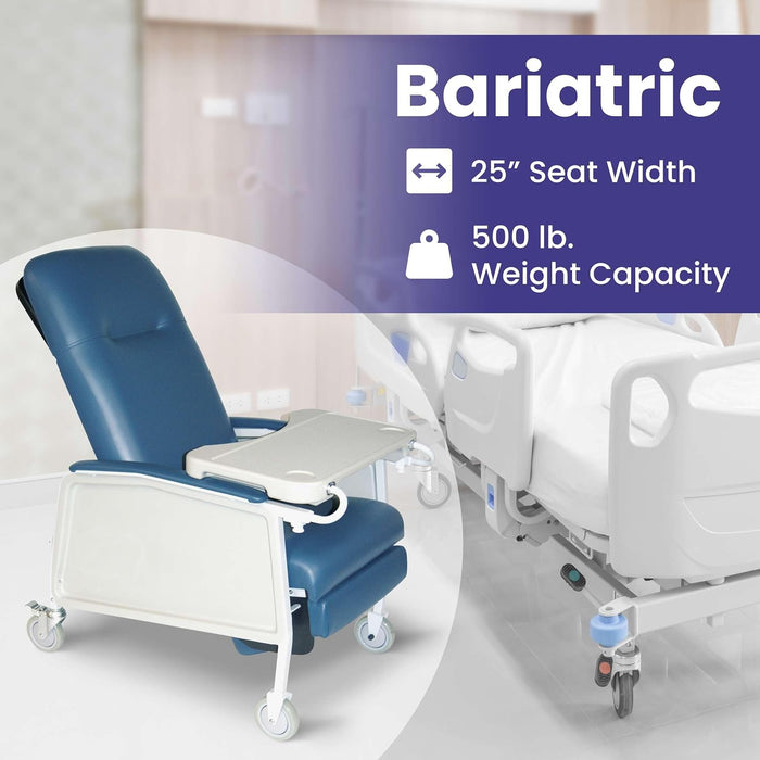 Bariatric geri chair model GC500 with blue vinyl upholstery, featuring 25" seat width and 500 lbs weight capacity label