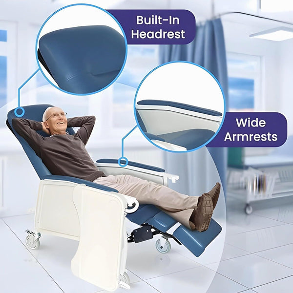 Geri chair with blue upholstery in reclined position, showing built-in headrest and wide armrests with a smiling elderly man relaxing in healthcare setting