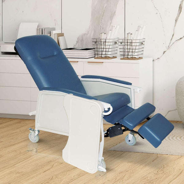 Bariatric geri chair with blue upholstery in reclined position, showing extended footrest and mobile base with locking casters