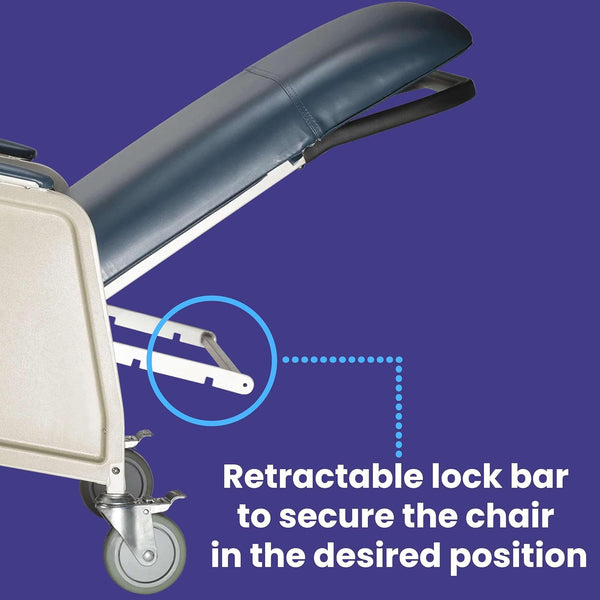 Geri chair showing retractable lock bar mechanism highlighted in blue circle, demonstrating how the chair secures in desired position