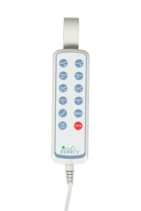 Remote control for the Emerald Oasis Infinity Max Bariatric Hospital Bed with multiple functions.