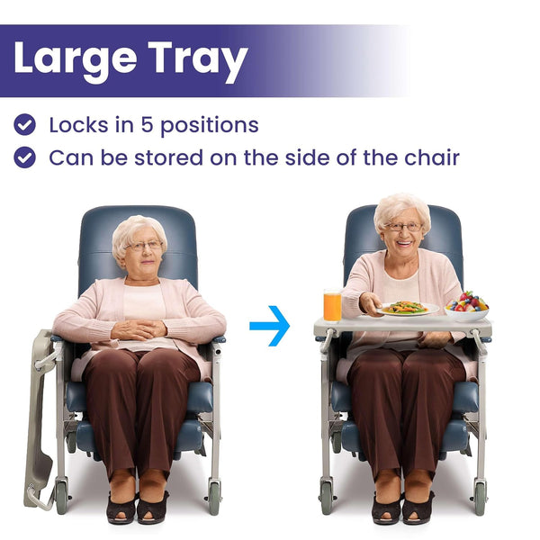 Geriatric chair with large adjustable tray table, showing elderly woman using the tray for meals with before and after positioning demonstration