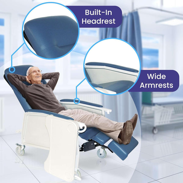 Geri chair with blue upholstery in reclined position, showing built-in headrest and wide armrests with a smiling elderly man relaxing in healthcare setting