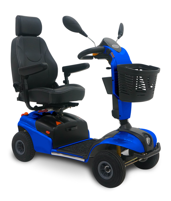 Blue Shoprider Explorer mobility scooter with black seat and basket on a white background