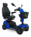 Blue Shoprider Explorer mobility scooter with black seat and basket on a white background