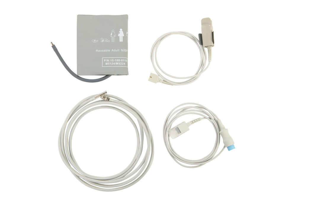 Set of accessories for the Protekt VX 5000, including reusable adult blood pressure cuff, SpO₂ sensor, and connection cables
