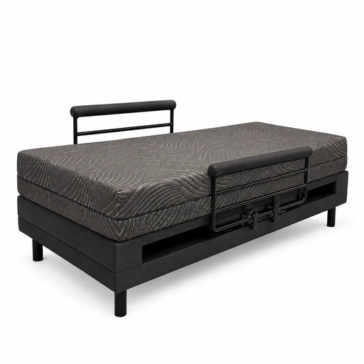 Adjustable rotating bed with safety rails and raised mattress, designed to assist seniors with mobility and getting in and out of bed.