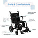 An angled studio shot of the Air Elite power chair with various features labeled using thin teal lines. Labels include: Lightweight Carbon Fiber Frame, Electromagnetic Brakes, Anti-Tippers, Flat-Free Tires, Footrest, Honeycomb Mesh Seating, and Joystick and USB Charging Port.