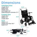 A graphic titled "Dimensions" showing the wheelchair in both its upright and folded states. It lists detailed measurements for Unfolded Size (35.4” L x 22.8” W x 33.9” H), Folded Size (28.3” H x 11.4” W x 26.8” L), and Seat dimensions (17.3” W x 15.7” D).