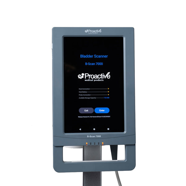 A front-facing close-up of the B-Scan 7000 tablet. The screen displays the "Proactive Medical Products" startup logo and system status indicators for host connection, battery, probe connection, and available storage capacity.