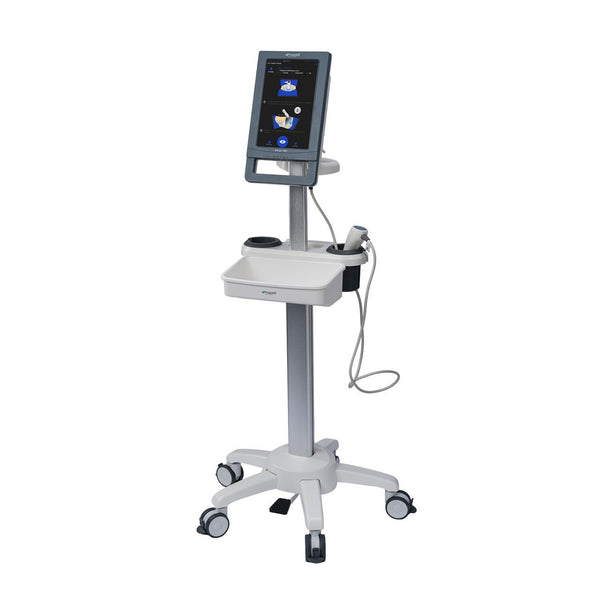 A full-length view of the B-Scan 7000 on its mobile cart. The cart features a five-caster base with a foot pedal, a height-adjustable silver pole, a storage tray, and dedicated holsters for the probe and gel.