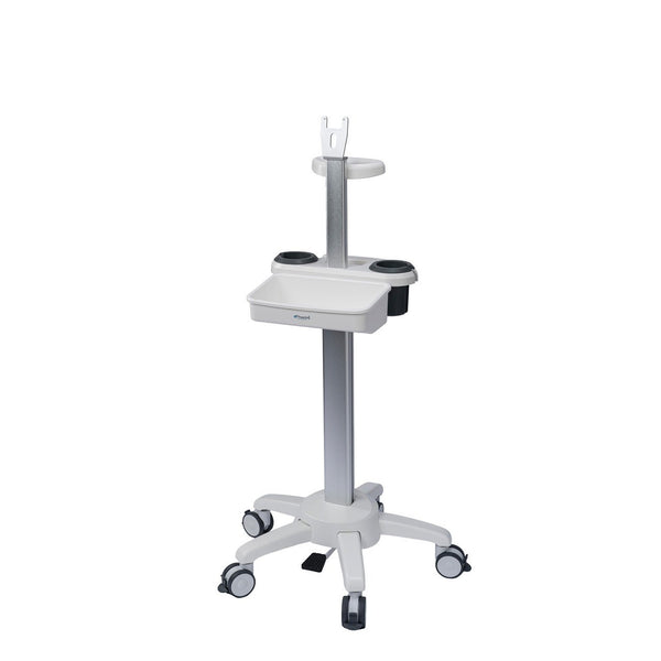 The mobile medical stand for the B-Scan 7000 shown without the tablet or probe attached, highlighting the storage tray, dual bottle/probe holders, and the mounting bracket at the top.