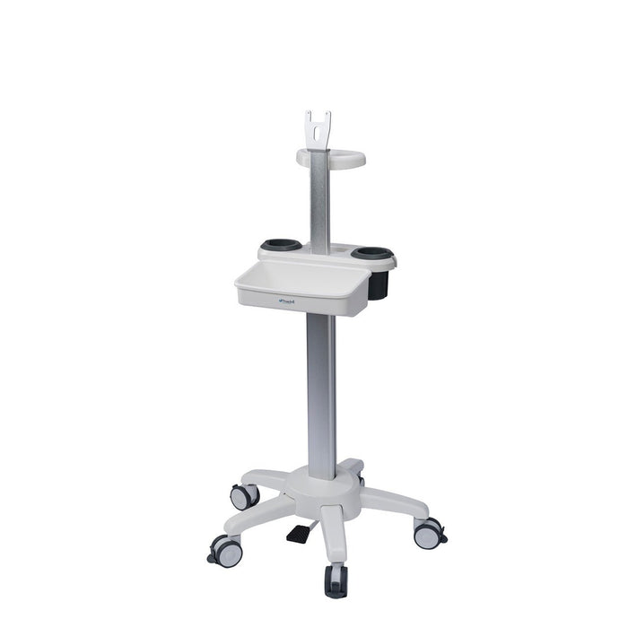 The mobile medical stand for the B-Scan 7000 shown without the tablet or probe attached, highlighting the storage tray, dual bottle/probe holders, and the mounting bracket at the top.