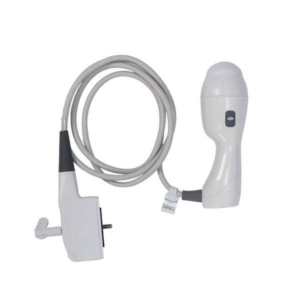 The ultrasound probe connected via a thick grey cable to a specialized connector. The probe has a contoured white ergonomic handle for ease of use.