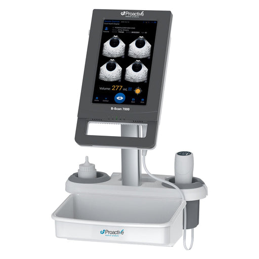 A product shot of the Protekt® B-Scan 7000 Bladder Scanner mounted on a white medical stand. The large touchscreen display shows ultrasound bladder images and a volume reading of 277 mL. The base tray holds a bottle of ultrasound gel and the scanning probe.