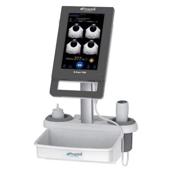 A product shot of the Protekt® B-Scan 7000 Bladder Scanner mounted on a white medical stand. The large touchscreen display shows ultrasound bladder images and a volume reading of 277 mL. The base tray holds a bottle of ultrasound gel and the scanning probe.