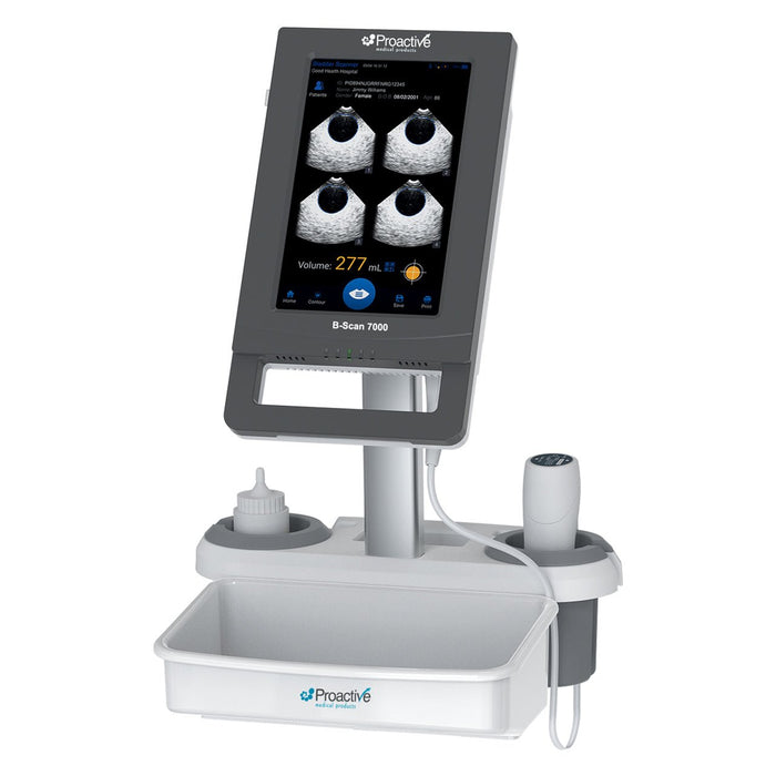 A product shot of the Protekt® B-Scan 7000 Bladder Scanner mounted on a white medical stand. The large touchscreen display shows ultrasound bladder images and a volume reading of 277 mL. The base tray holds a bottle of ultrasound gel and the scanning probe.