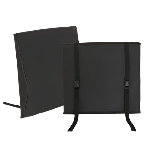 Two black back cushions for wheelchairs and geri chairs with straps on a white background