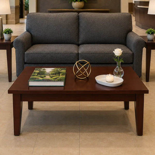 A dark brown wooden coffee table in a modern living room setting, styled with a book, a gold geometric ornament, a white candle, and a small glass vase with a white rose, positioned in front of a gray fabric sofa.