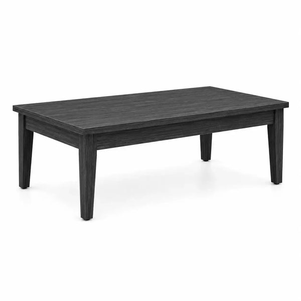 Rectangular black wood coffee table with a brushed grain finish, four tapered legs, and a clean minimalist design.