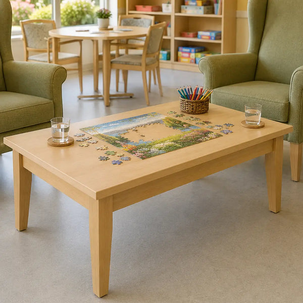 A light natural wood rectangular coffee table in a bright, modern care or lounge room. On the tabletop, a partially assembled landscape jigsaw puzzle is displayed alongside two clear glasses on coasters and a small basket of colored pencils.
