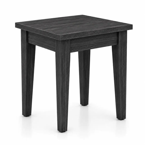 A square side table with a dark charcoal wood grain finish, featuring four tapered legs and a simple rectangular top, shown on a white background.