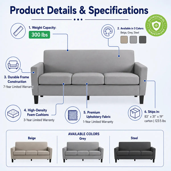 Product details and specifications infographic for a loveseat sofa, showing a central gray loveseat with callout lines to features like 300 lbs weight capacity, durable frame construction, high-density foam cushions, premium upholstery fabric, and shipping dimensions. Includes available colors labeled Beige, Gray, and Steel, plus a green Certi-Made badge.