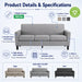 Product details and specifications infographic for a loveseat sofa, showing a central gray loveseat with callout lines to features like 300 lbs weight capacity, durable frame construction, high-density foam cushions, premium upholstery fabric, and shipping dimensions. Includes available colors labeled Beige, Gray, and Steel, plus a green Certi-Made badge.