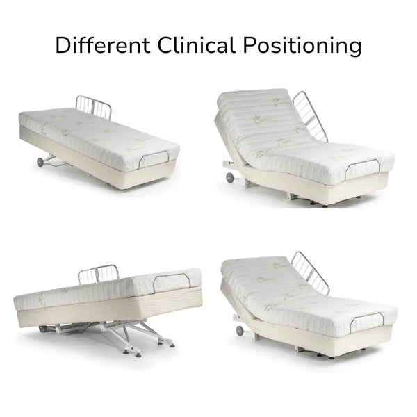 Different clinical positioning of hospital beds showing various adjustable positions for patient comfort and care.