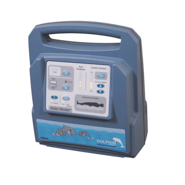 A close-up, isolated view of the blue Dolphin Pediatric Auto Vector control unit. The panel shows the standard controls for comfort, mode, and battery status, but features three cartoon dolphins on the lower label, indicating the pediatric version.