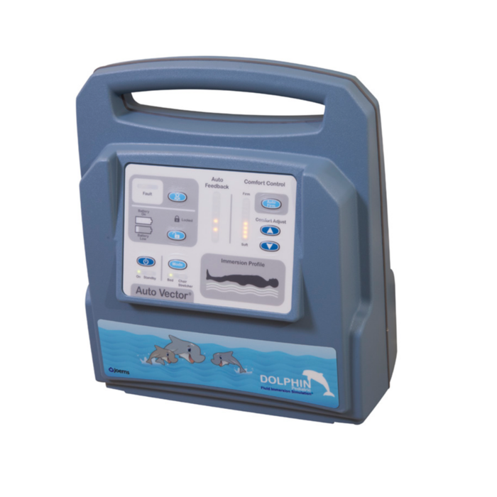 A close-up, isolated view of the blue Dolphin Pediatric Auto Vector control unit. The panel shows the standard controls for comfort, mode, and battery status, but features three cartoon dolphins on the lower label, indicating the pediatric version.