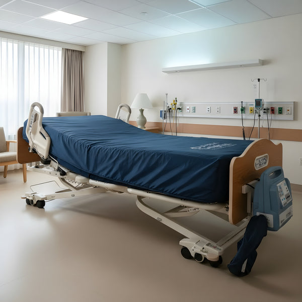 A wider model of the Joerns DolphinCare Bariatric Bed in a hospital setting, featuring a dark blue mattress cover, wood head and foot boards, and the blue DolphinCare control unit attached.