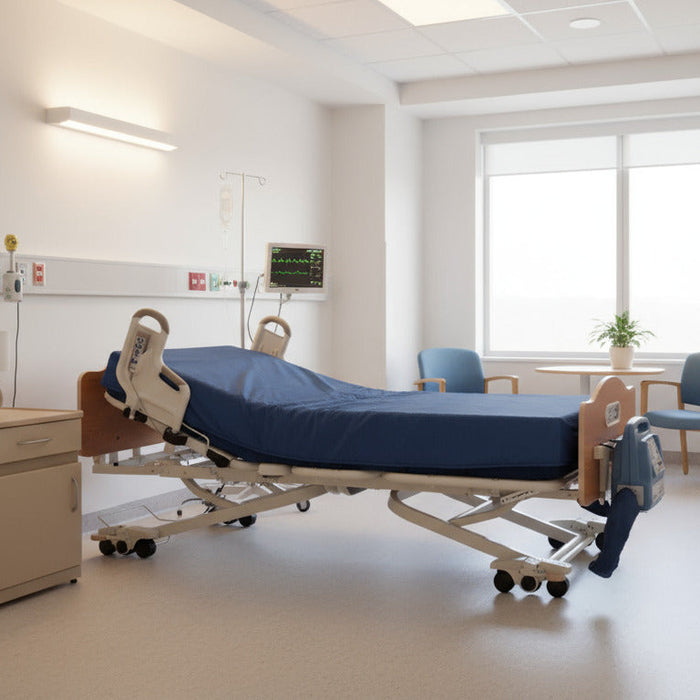 A Joerns DolphinCare bed in a bright, modern hospital room. The bed has wood head and foot boards, a dark blue mattress cover, and the DolphinCare control unit attached to the foot end. A medical monitor and IV pole are visible near the bed.
