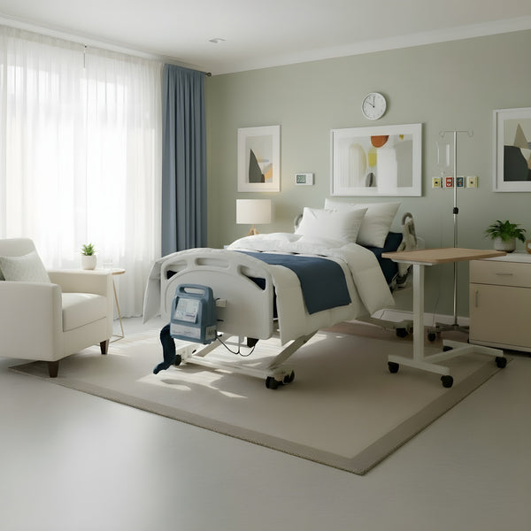 A Joerns DolphinCare bed styled for a bright, home-like environment with soft green walls, neutral furniture, and light wood floors. The bed is neatly made with a white comforter and the blue DolphinCare control unit is attached to the footboard.