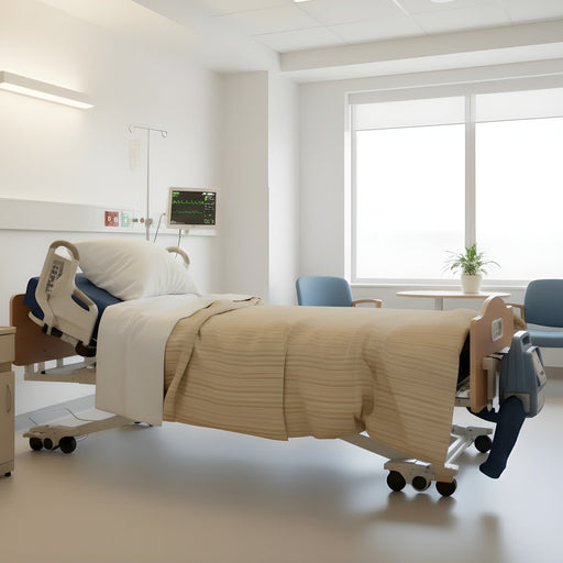 A Joerns DolphinCare bed in a sterile, white hospital room, fully made with white sheets and a beige striped comforter. The blue DolphinCare control unit is attached to the footboard.