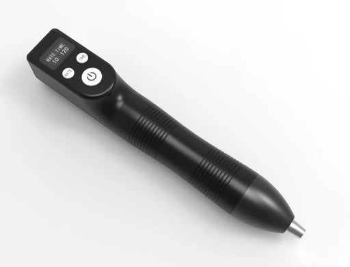 Oceanus PhysioLITE III shockwave therapy device photographed from front angle, displaying the complete handheld unit with control buttons, digital screen, and treatment applicator tip