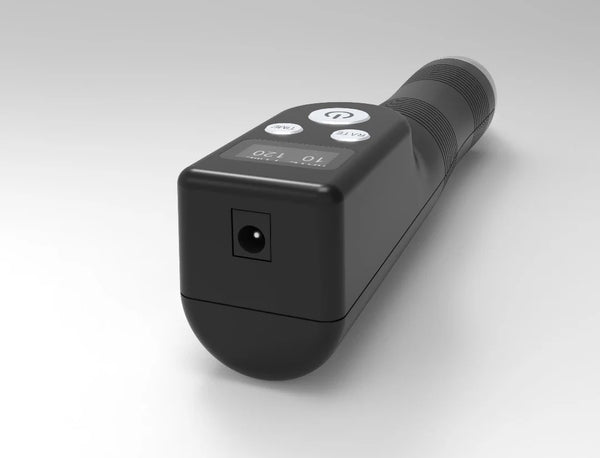 Oceanus PhysioLITE III shockwave therapy device viewed from rear angle, showing the control panel with four white circular buttons, digital display, and power port on the device body