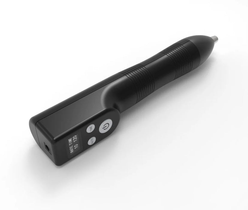 Oceanus PhysioLITE III shockwave therapy device shown from side angle, displaying black handheld unit with control panel featuring four white circular buttons and digital display showing treatment settings
