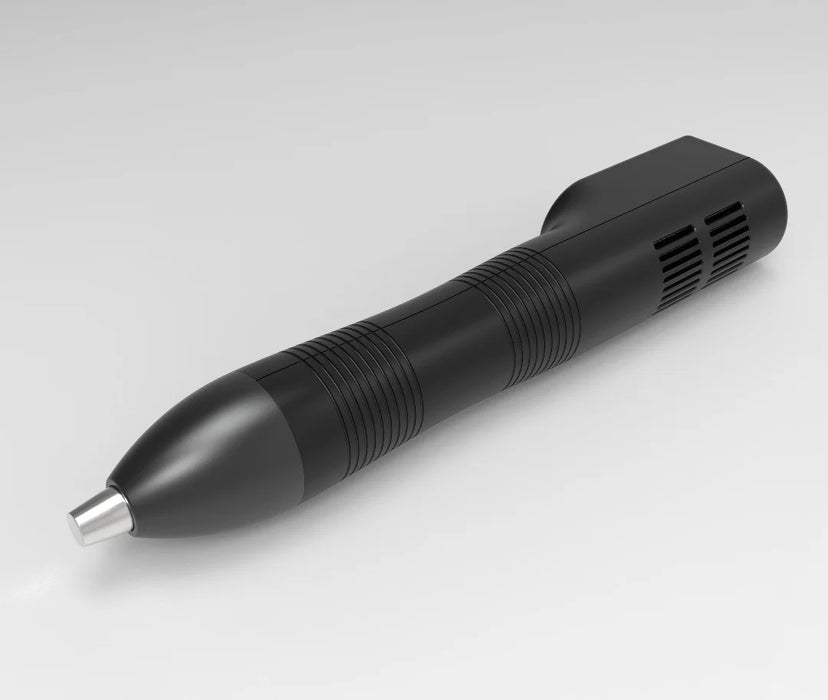 Oceanus PhysioLITE III shockwave therapy device shown from opposite side angle, highlighting the ergonomic black handle with ribbed grip sections and metallic treatment tip
