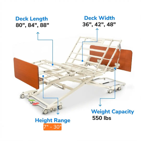 Detail of the Emerald Oasis Expandable hospital bed showing adjustable length options (80", 84", 88") and available widths (36", 42", 48"). The image illustrates how the bed's size can be customized to fit the patient's needs.