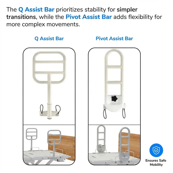 Side view of the Emerald Oasis Expandable electric hospital bed, showing the side rails, electric height adjustment system, and control panel. The image highlights the ergonomic design of the bed with wheels for easy mobility.
