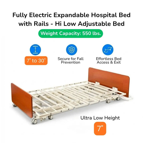 the Emerald Oasis Expandable hospital bed in ultra-low height mode (7.8"), showcasing its height adjustment capability and stability, suitable for fall prevention. The image emphasizes its low profile and safety for patients.