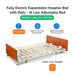 the Emerald Oasis Expandable hospital bed in ultra-low height mode (7.8"), showcasing its height adjustment capability and stability, suitable for fall prevention. The image emphasizes its low profile and safety for patients.