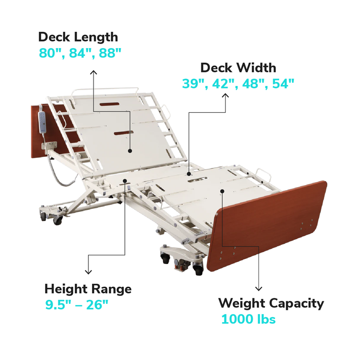 Full Electric Bariatric Hospital Bed Emerald Oasis Infinity Max, highlighting its heavy-duty design and adjustable height capabilities for patient care