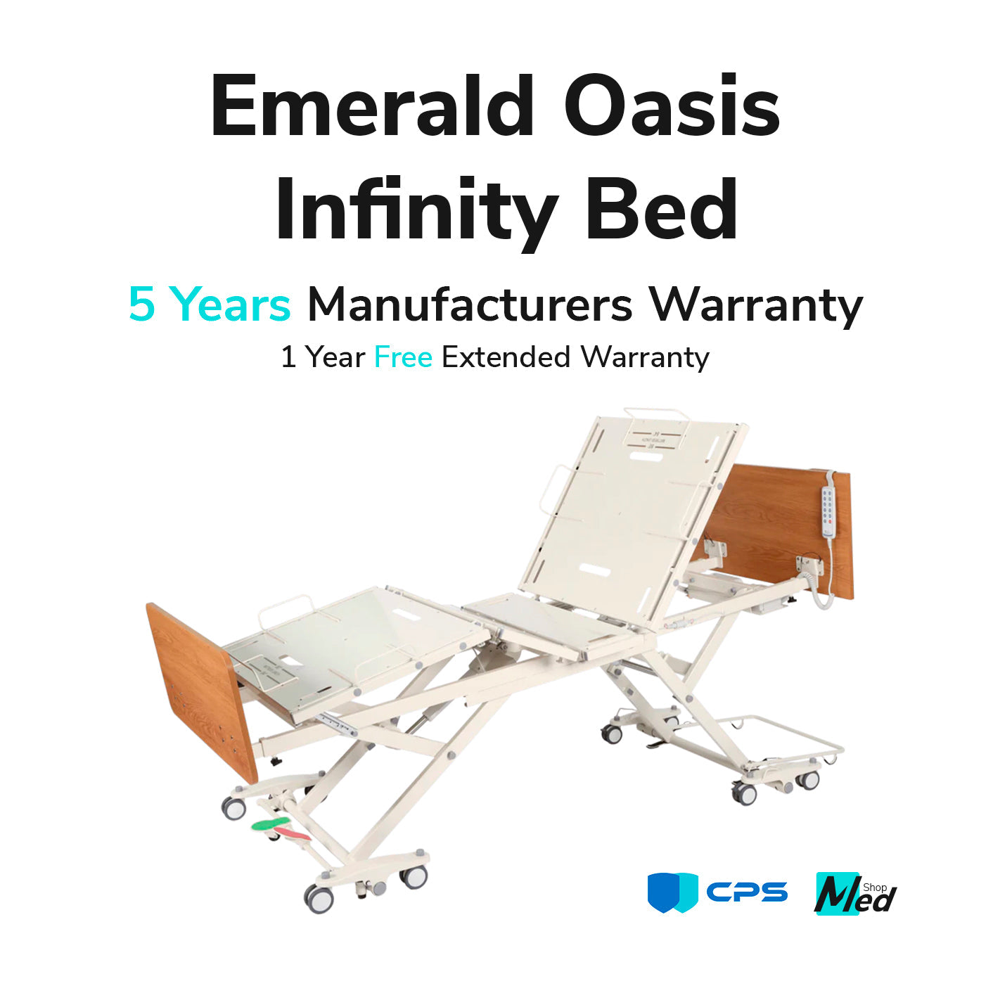 An Full Electric Bariatric Bed Emerald Oasis Infinity, designed for maximum comfort, durability, and support for bariatric patients, ideal for hospital care and medical beds, with a 5-year warranty for peace of mind