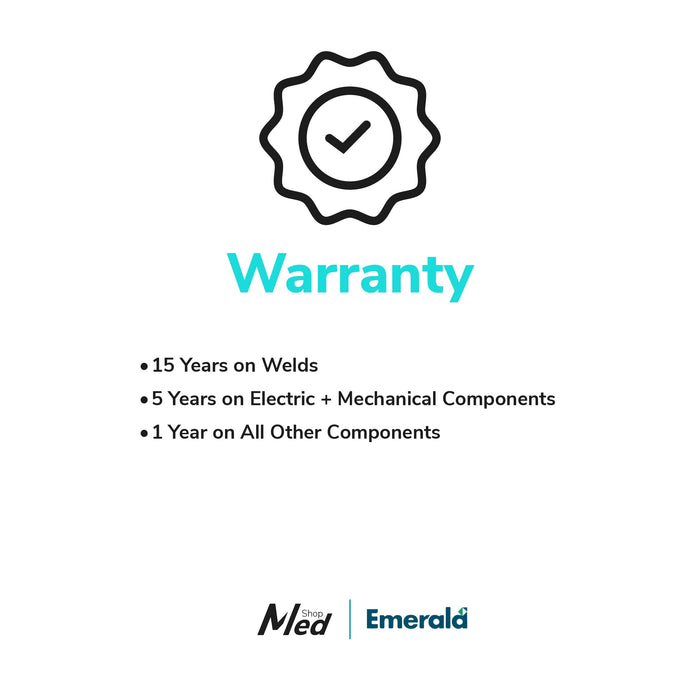 Full Electric Bariatric Hospital Bed Emerald Oasis Infinity Max warranty details: 15 years on welds, 5 years on electric/mechanical components, 1 year on all other components.