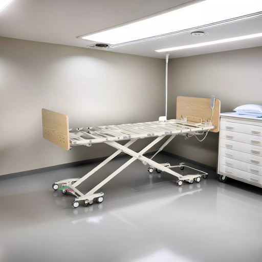 Emerald Hospital Adjustable Bed Oasis 52200 in a clinical setting with mobility features and central locking system.